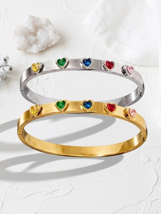 Shine Kather Jewelry - Gold and Silver Heart Gem Bangle Set - Multicolor Heart Charm Braceletso